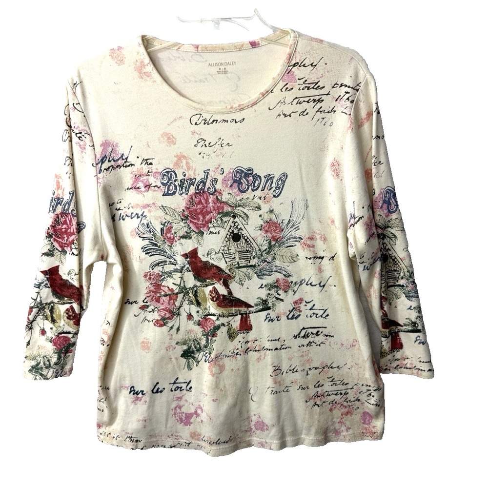 Allison Daley Bird Song Shirt with Cardinals and Rhinestone Accents 3/4 Sleeve M